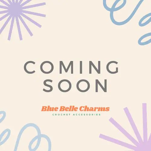 Promotional graphic for Blue Belle Charms with 'Coming Soon' text and abstract patterns.